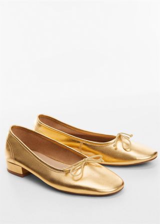Mango + Bow Leather Ballerina in Gold