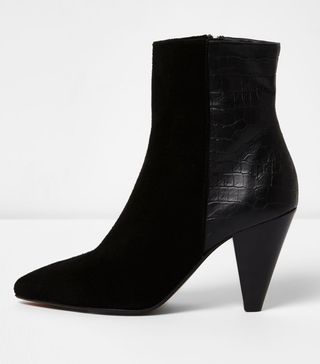 River Island + Black Suede Cone Heel Ankle Boots