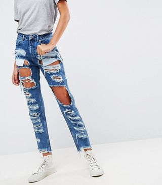 ASOS + Original Mom Jeans in Authentic Mid Wash With Extreme Super Busts