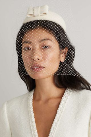 Merve Bayindir + Azaela Bow-Detailed Satin and Tulle-Trimmed Wool-Blend Hat