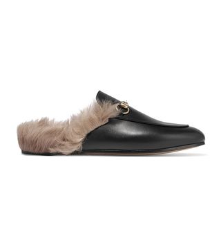 Gucci + Horsebit-Detailed Shearling-Lined Leather Slippers