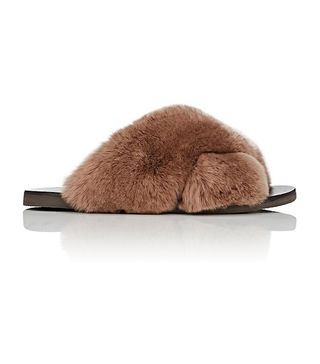 Barneys New York + Rabbit Fur Crisscross-Strap Slide Sandals