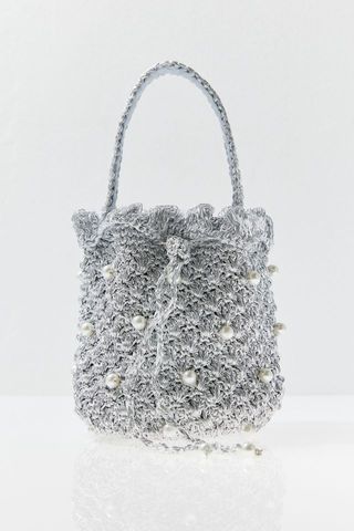 Suryo + Pearl Embellished Silver Crochet Bucket Bag