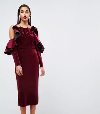 ASOS Edition + Bonded Velvet Ruffle Long Sleeve Midi Dress