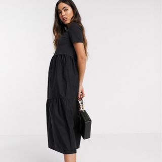 Stradivarius + Jersey & Poplin Midi Smock Dress in Black