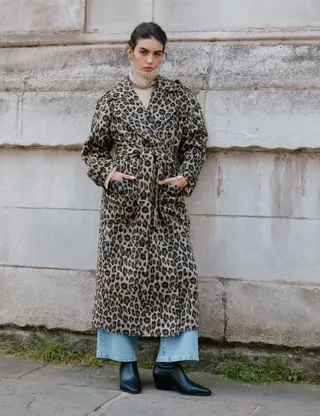 Albaray + Leopard Print Belted Trench Coat with Wool