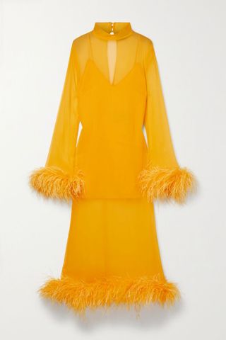Taller Marmo + Gina Venti Feather-Trimmed Silk-Georgette Midi Dress