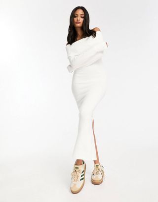Bershka + Fluffy Knit Bardot Midi Dress in White