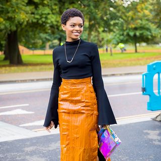 Sweater skirt outfit on sale yellow