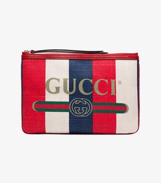 Gucci + Blue-and-Red Logo Print Canvas Clutch Bag