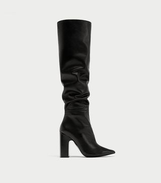 Zara + Leather High Heel Boots with Wide Leg