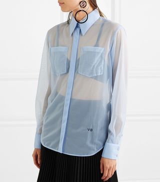 Victoria Beckham + Poplin-Trimmed Mesh Shirt