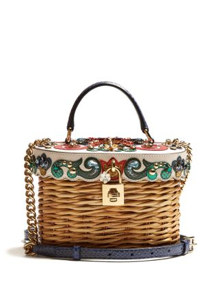 Dolce & Gabbana + Crystal-Embellished Leather-Trimmed Basket Bag