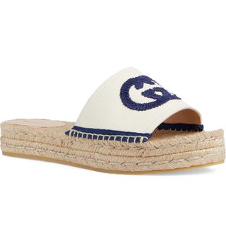 Gucci + Pilar Interlocking G Embroidered Canvas Espadrille Slide Sandal