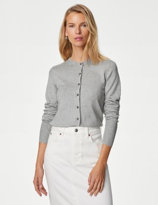 M&S Collection + Crew Neck Button Front Cardigan