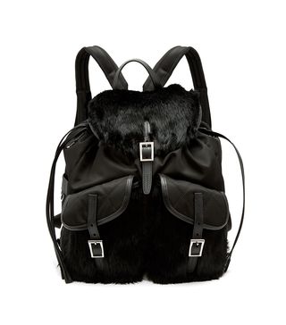 Prada + Small Fox-Fur Trimmed Nylon Backpack