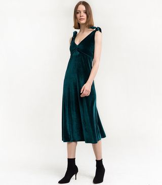 Pixie Market + Emerald Velvet Shoulder Tie Dress