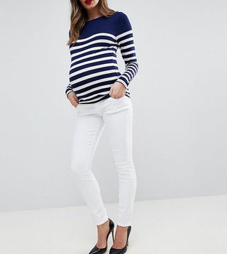 ASOS Maternity + RIDLEY High Waist Skinny Jeans In Optic White with Under the Bump Waistband