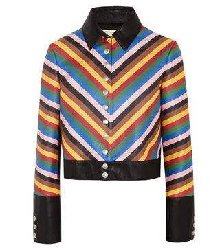 Sara Battaglia + Rainbow Cropped Striped Leather Jacket
