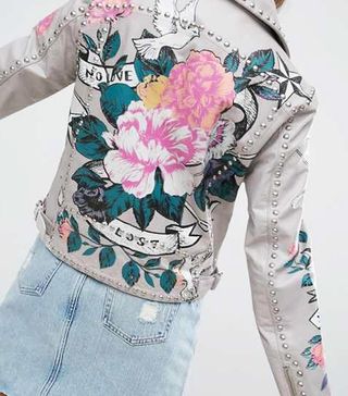 ASOS + Premium Leather Jacket with Tattoo Rose Print and Studs