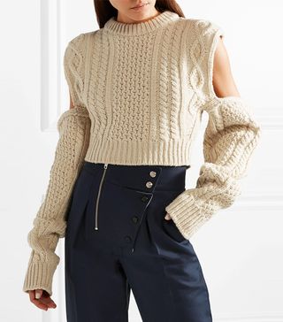 Clavin Klein 205W39NYC + Cold-Shoulder Cropped Cable-Knit Wool-Blend Sweater