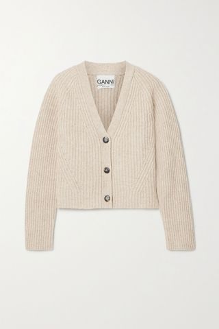 Ganni + Cropped Ribbed Wool-Blend Cardigan