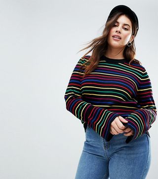 ASOS Curve + Sweater With Rainbow Stripe and Fluted Sleeve