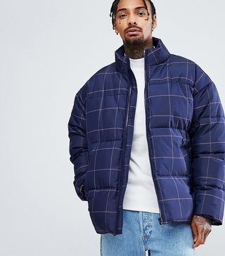ASOS + Oversized Checked Puffer Jacket in Navy