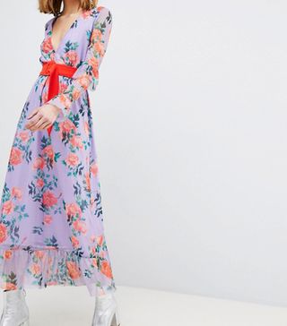 ASOS + Printed Mesh Maxi Dress With Contrast Belt