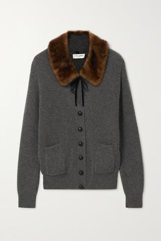 Saint Laurent + Ribbed Faux Fur-Trimmed Camel Hair Cardigan