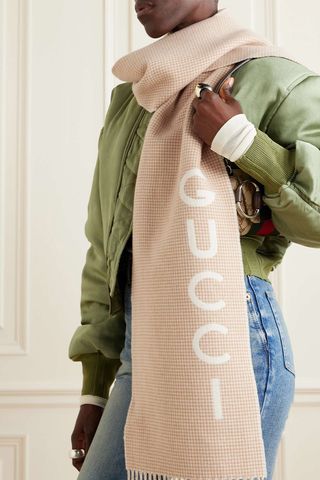 Gucci + Fringed Houndstooth Wool and Cashmere-Blend Scarf