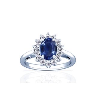 Gems NYC + Blue Sapphire Oval and Diamond Halo Engagement Ring
