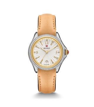 Michele + Belmore Diamond, Two-Tone Diamond Dial Tan Leather Watch