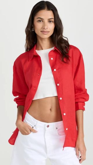 Pixie Market + Red Linen Baggy Shirt with Ecru Buttons