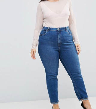ASOS Curve + High Waist Slim Mom Jeans in Blossom Darkwash