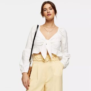 Topshop + Ivory Textured Knot Front Frill Blouse