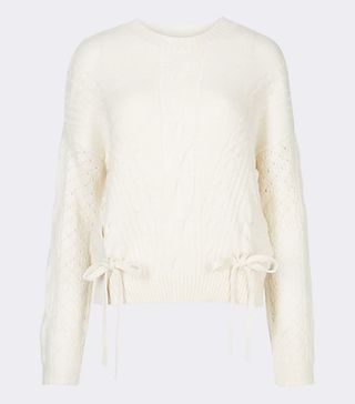 Marks and Spencer + Lace Insert Sleeve Tie Detail Round Neck Jumper