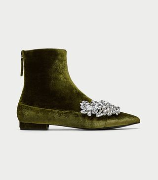 Zara + Flat Velvet Ankle Boots With Gem Detail
