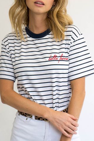Apéro + Love Always Embroidered Tee in Yellow Stripe