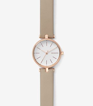 Skagen + Signatur Beige Leather T-Bar Watch