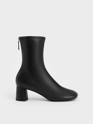 Charles & Keith + Black Round-Toe Zip-Up Ankle Boots