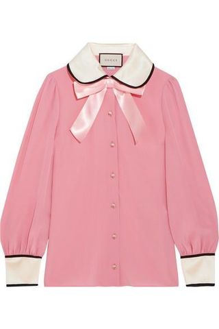 Gucci + Faux Pearl and Bow-Embellished Silk Crepe de Chine Shirt