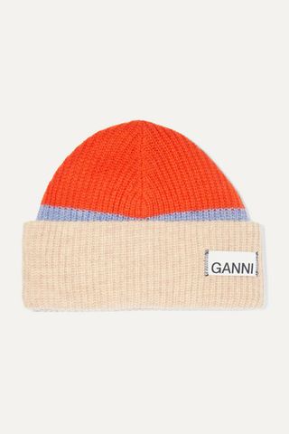 Ganni + Ribbed Striped Wool-Blend Beanie