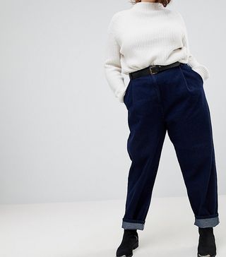ASOS Curve + Tapered Jeans With Curved Seams and Belt in indigo Wash