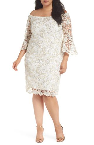 Marina + Lace Off-the-Shoulder Bell-Sleeve Dress