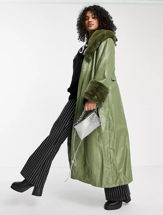 Reclaimed Vintage + Longline Leather Look Trench With Detachable Faux Fur Collar in Sage