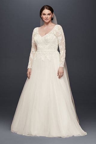 Davids Bridal + Long Sleeve Wedding Dress With Low Back