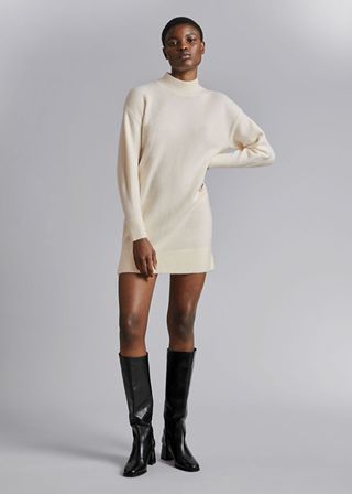 & Other Stories + Belted Mini Knit Dress in Cream