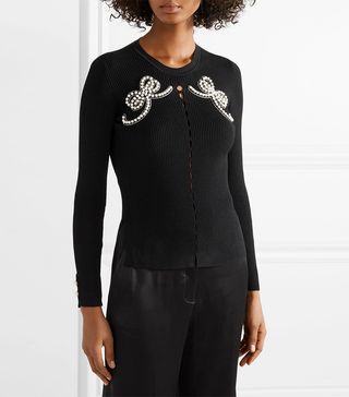 Fendi + Faux-Pearl Embellished Ribbed-Knit Sweater