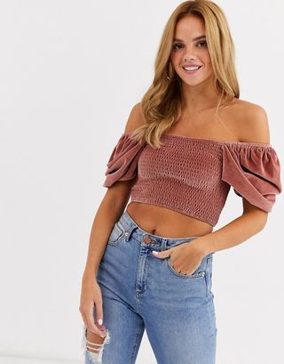 ASOS + Square Neck Shirred Top With Puff Sleeve